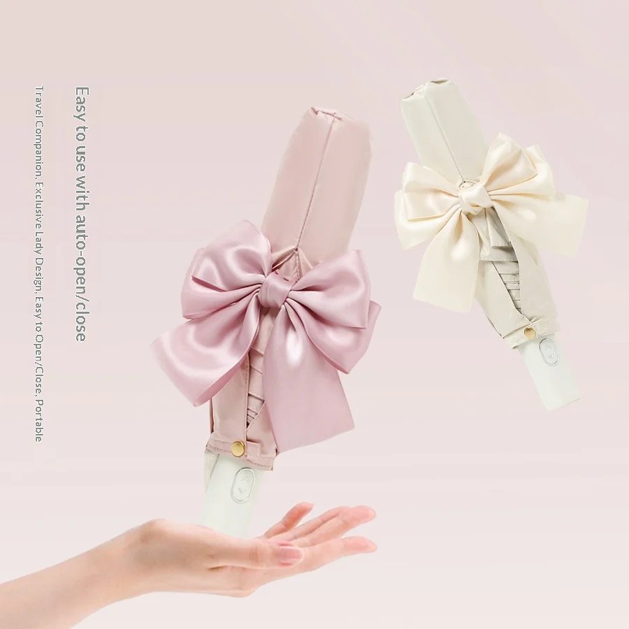 Stock Big Bow Automatic Self-opening Closing Three-fold Collision Cloth Sunscreen Sunshade Umbrella for Business Gift Rainy