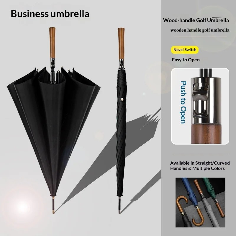 Manual Golf Umbrella Wooden Handle Large Sun Umbrella Reinforced Sturdy Stormproof Double-Person Men's Business Gift UV