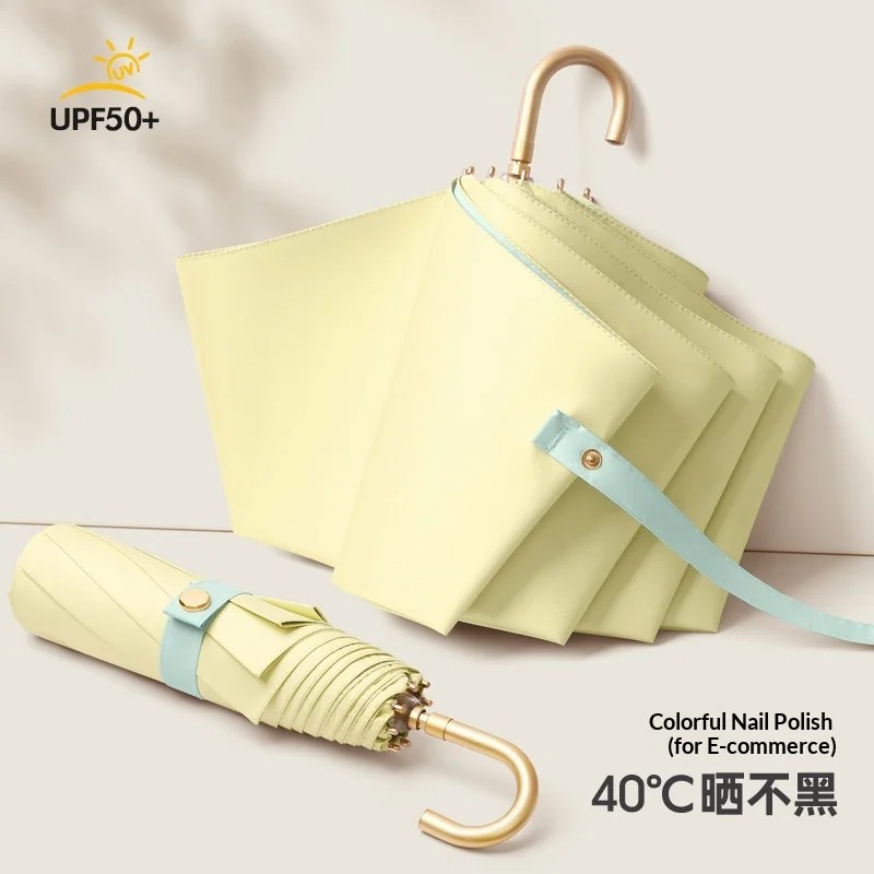 8 Rib Manual Hand Open Color Glue Women's UV Proof UPF50+ Sun Umbrella with Curved Handle Folding Dual Use