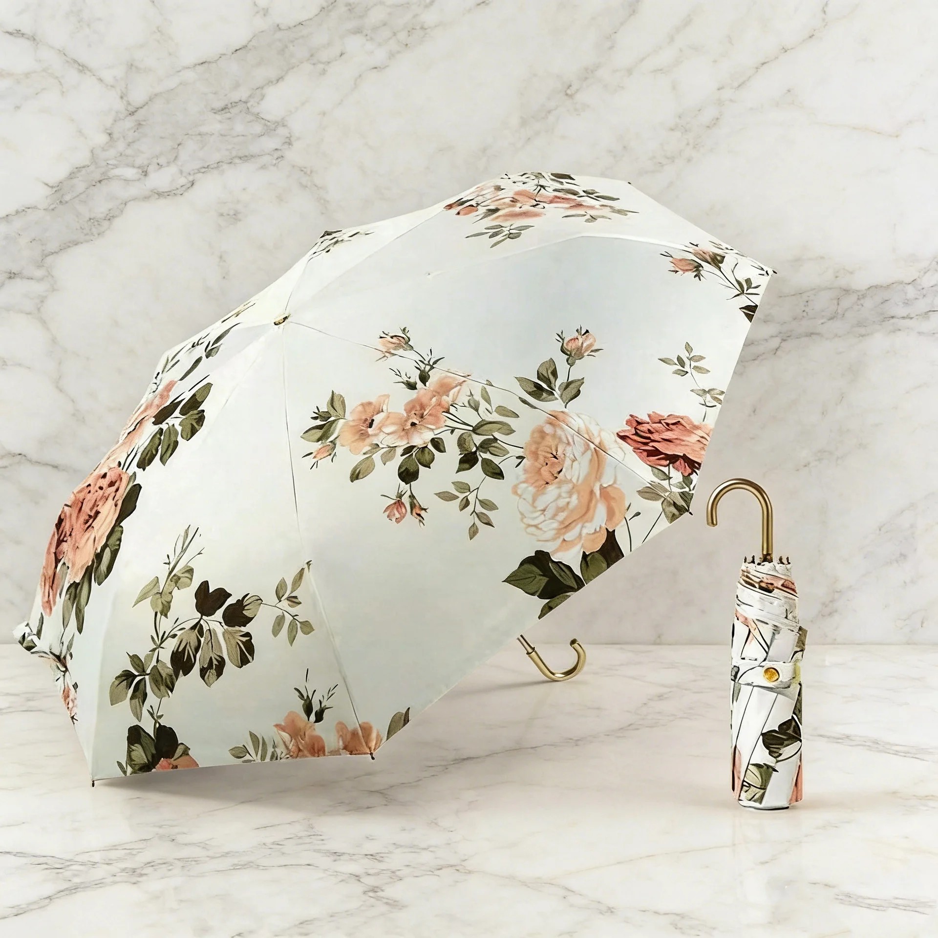 Gold Hook Floral Umbrella Dual-use Sun Rain UV Protection Cherry Blossom Sunshade Portable Adult  8 Ribs