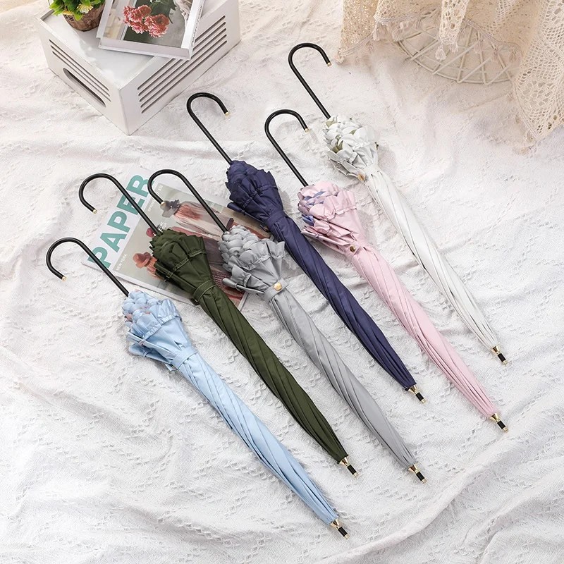 Colorful Lace Trim Long Handle Manual Steel Umbrella UPF50+ UV Protection Korean Fresh Style Straight Rod for Women