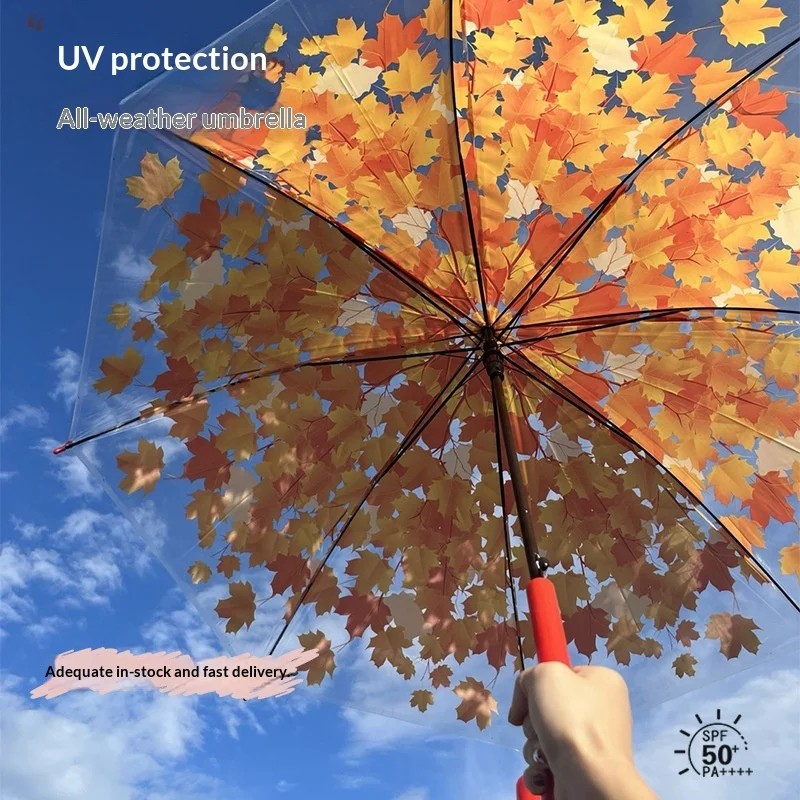 Transparent Maple Leaf Girls' Personalized Printed All-Weather Large Fully-automatic Long-handled Umbrella White Windproof UV