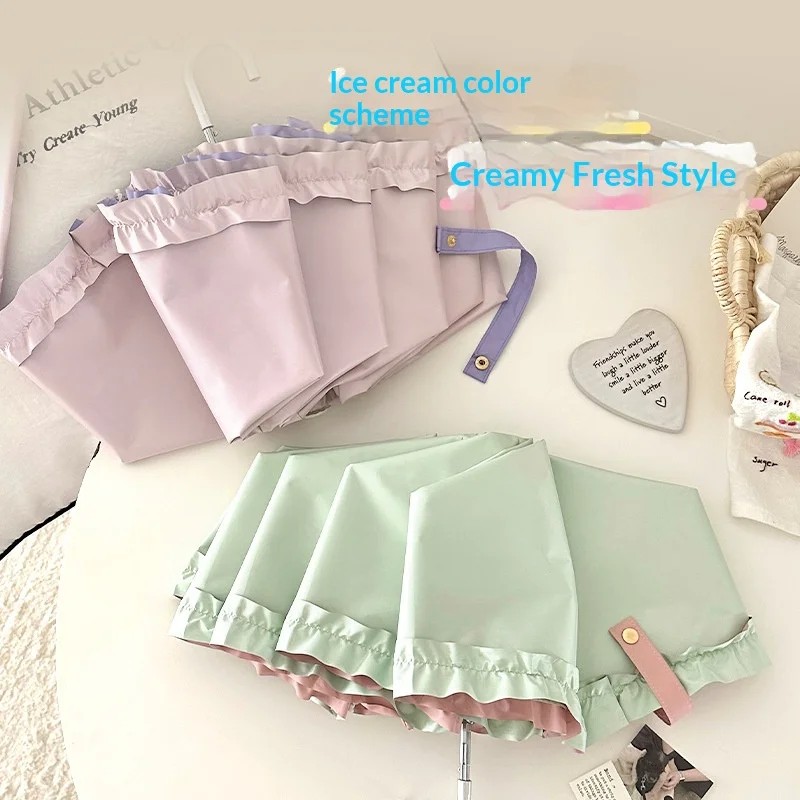 Lace Solid Color Three-Folding Curved Handle Manual Umbrella UV Protection Lightweight Portable Advertising Gift Fresh Elegant