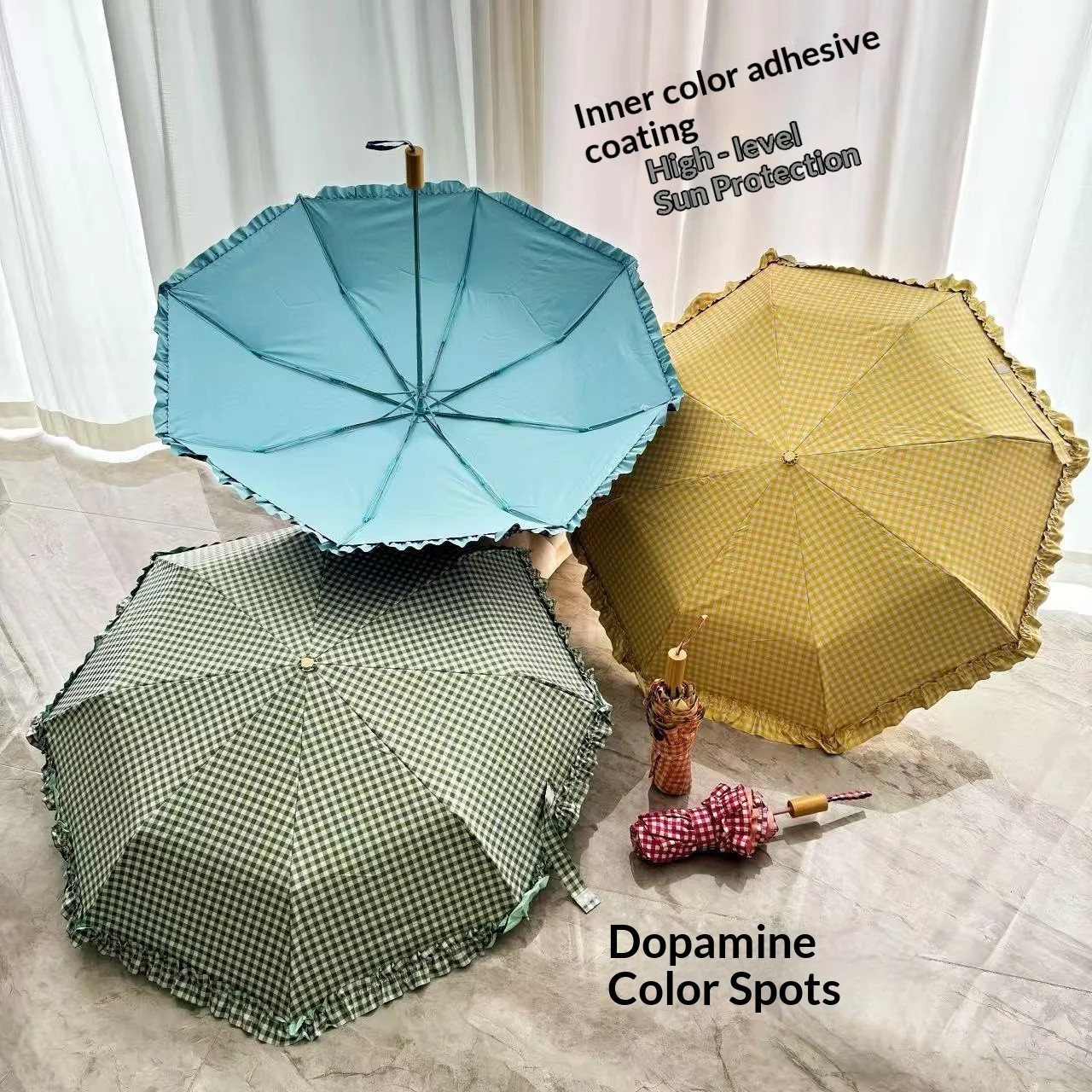 Hand Opened Plaid Light Luxury Style Lace Trim Foldable Dual Purpose Sun Rain UV Protection Business Gift Umbrella UPF 50+