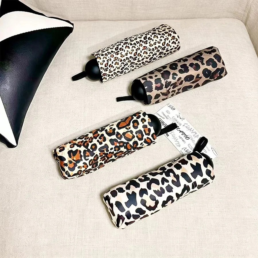 Leopard Print Polka Dot Dual Use Sunscreen UV Protection Women's Small Portable Five Fold Iron Ribs Umbrella for Sunny Rainy