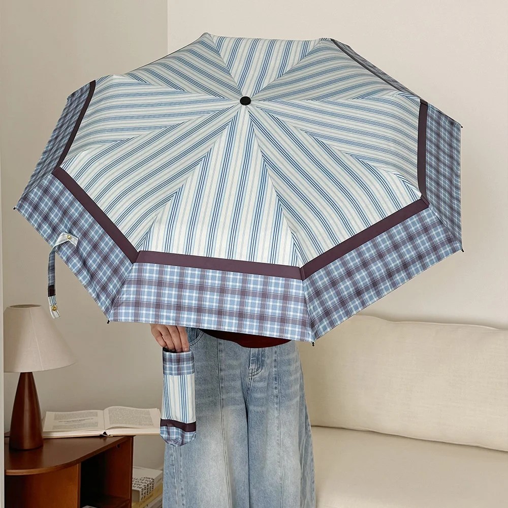 Retro Red Blue Striped 8 Ribs Automatic Women's Dual Purpose Rain & Sun Protection Foldable UV Protection Parasol