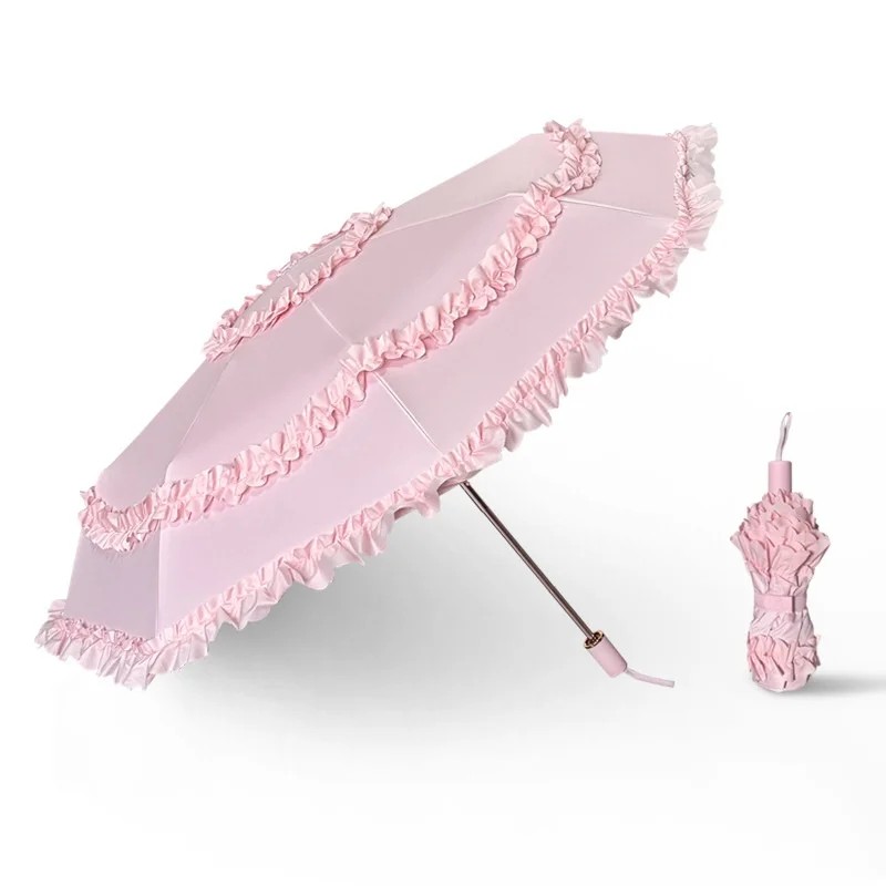 Creative Girl Style Double Lace Long Handle Manual Sunshade Umbrella with Iron Ribs and Rubber Handle