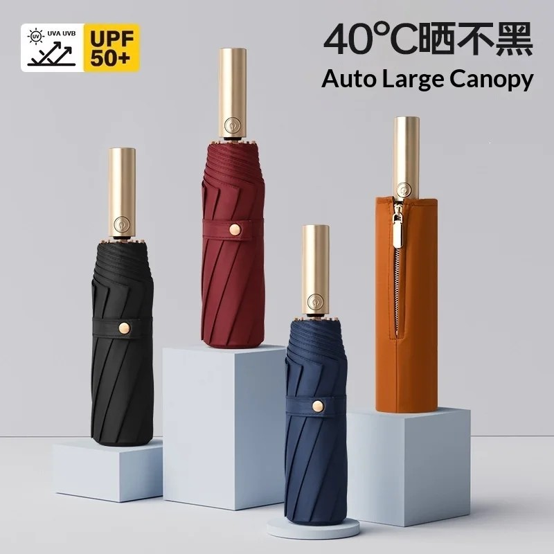 Three Fold Automatic Self Opening Closing 10 Rib Business Folding Umbrella for Men's Rain Sun Dual Use Modern Design UV