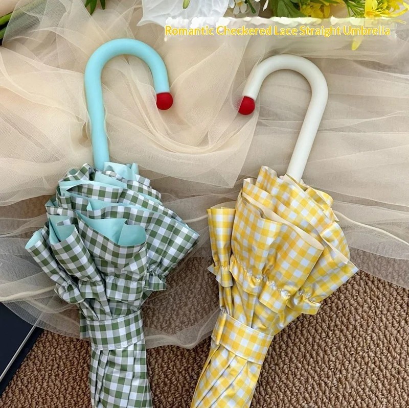 Girly-style Plaid Lace Colorful Plastic Sunscreen Long-handled Advertising Gift Semi-automatic Opening Umbrella In-stock