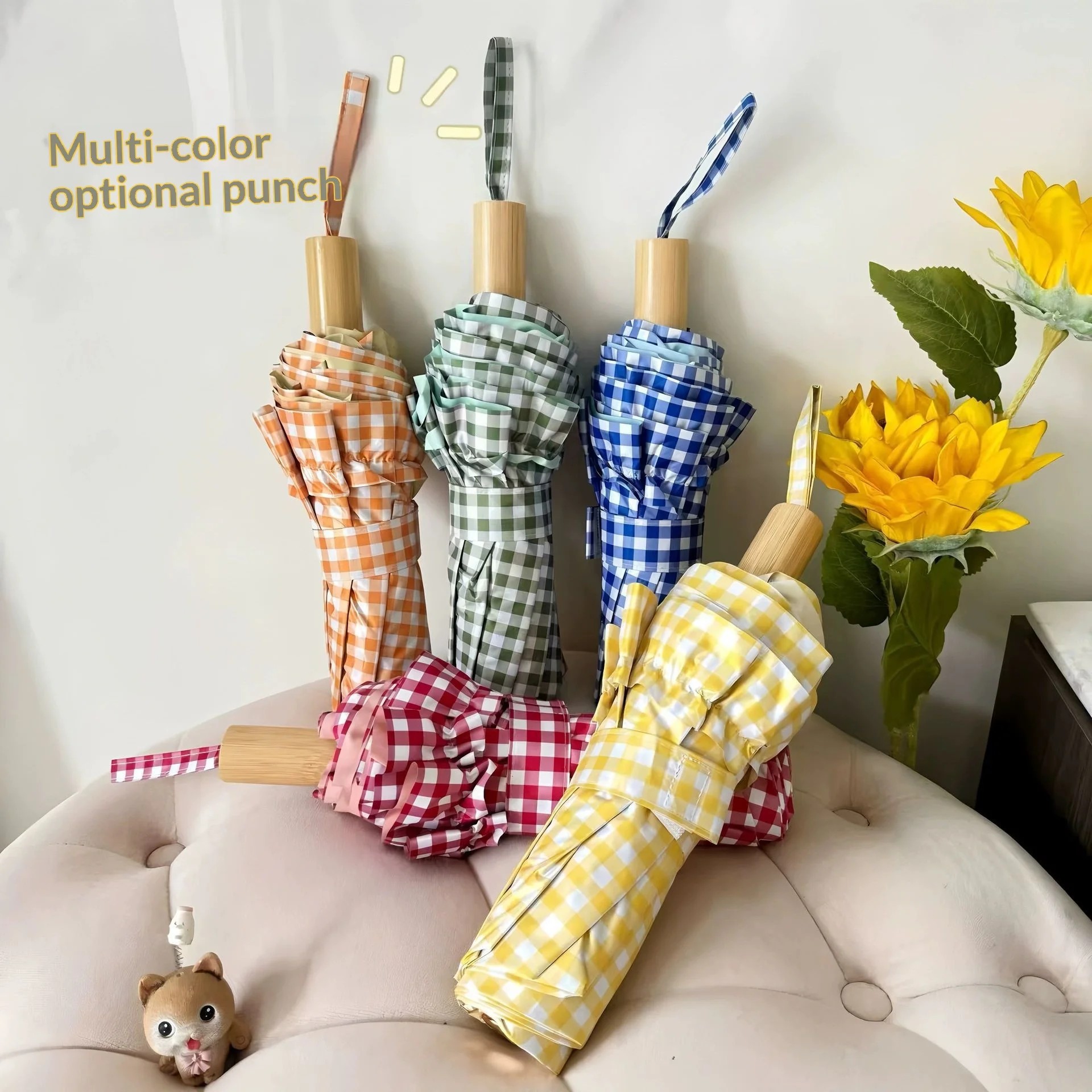 Casual Plaid Lace Three-Fold Hand Open Umbrella UV Protection Solid Wood Handle Dual-Use Sunshade Rain Umbrella Factory