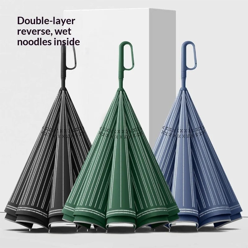 Striped Ring-Buckle Double-Layer Fully-Automatic Car-Mounted Straight Umbrella UV Protection 8 Ribs for Men/Women Sunny Rainy