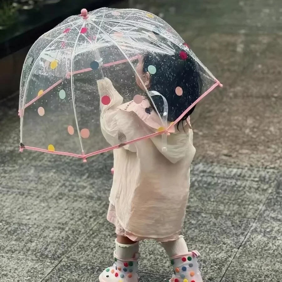 Minimalist Children's Manual Long Handled Arched Transparent POE Polka Dot Pattern Straight 8 Rib Umbrella