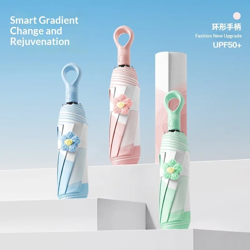 Fully Automatic Opening Closing Gradient Color Sunscreen Three-Fold Foldable UV Protection UPF 50+ 8 Ribs Umbrella