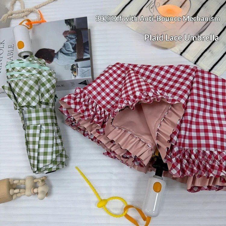3-Folding 10-section Retractable Anti-rebound Princess-style Plaid Colored Collision Sunscreen Umbrella