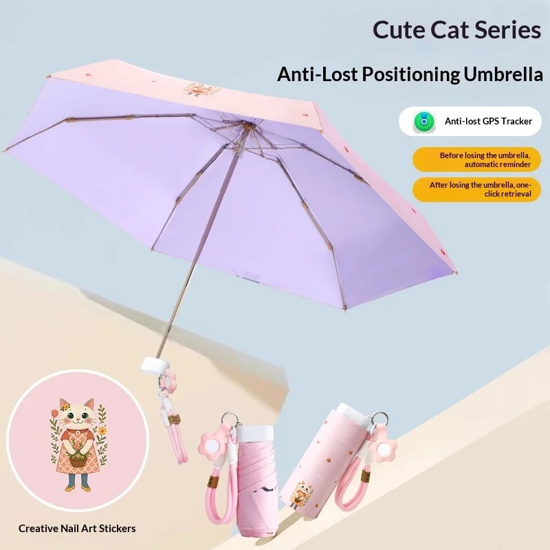 Five-Folding Cute Cartoon Cat Series Anti-Lost Positioning Adult Manual UV Protection Advertising Gift Umbrella Black Sunscreen