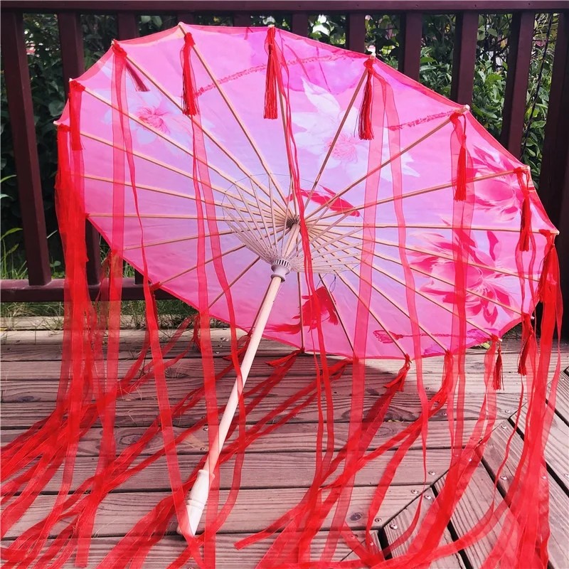 Printed Imitation Silk Bamboo Ribs Retro Nostalgic Chinese Style Hanfu Women's Accessory Ribbon Tassels Ancient Costume Umbrella