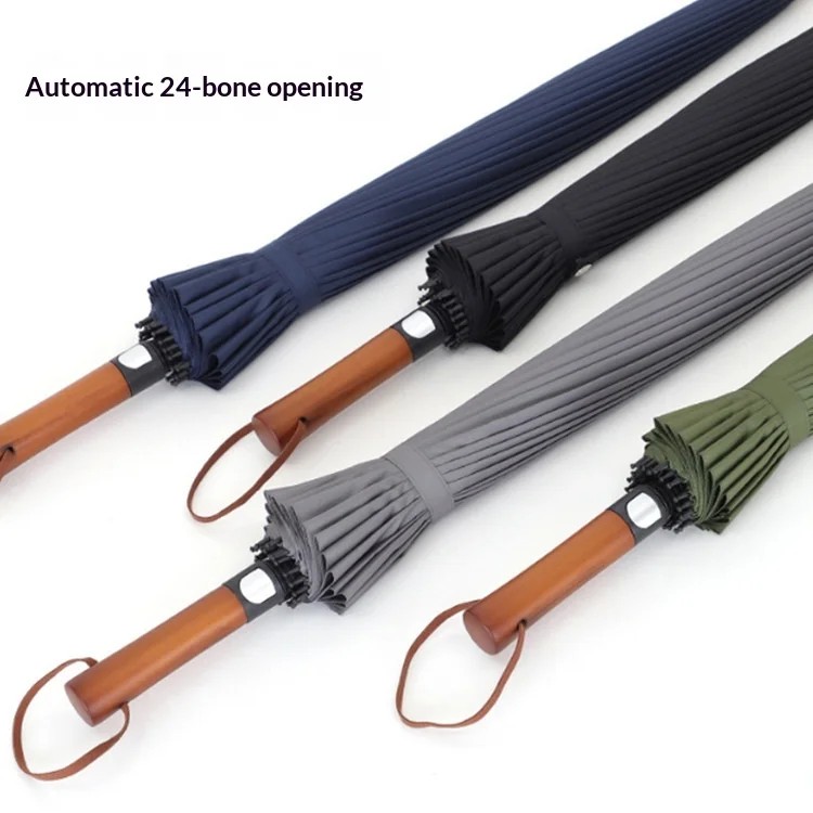 24-bone Fully-automatic Opening Vintage Wooden Handle Golf Umbrella Long-handled Straight Umbrella Dual-person Large Umbrella