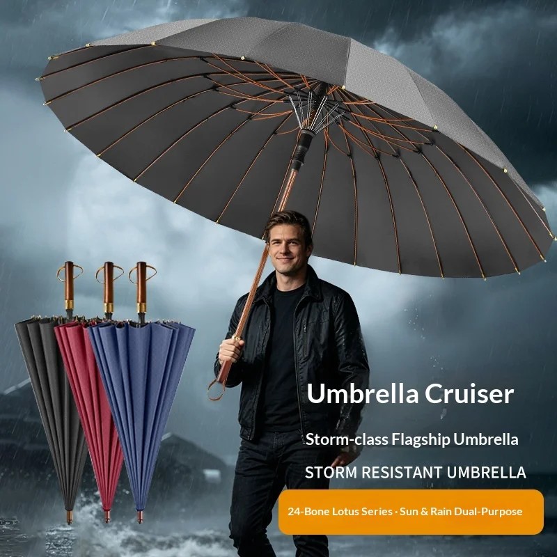 24-Bone Embossed Fabric Solid Color Business Straight Umbrella Durable Sturdy UV Protection Windproof Solid Wood Handle Printed
