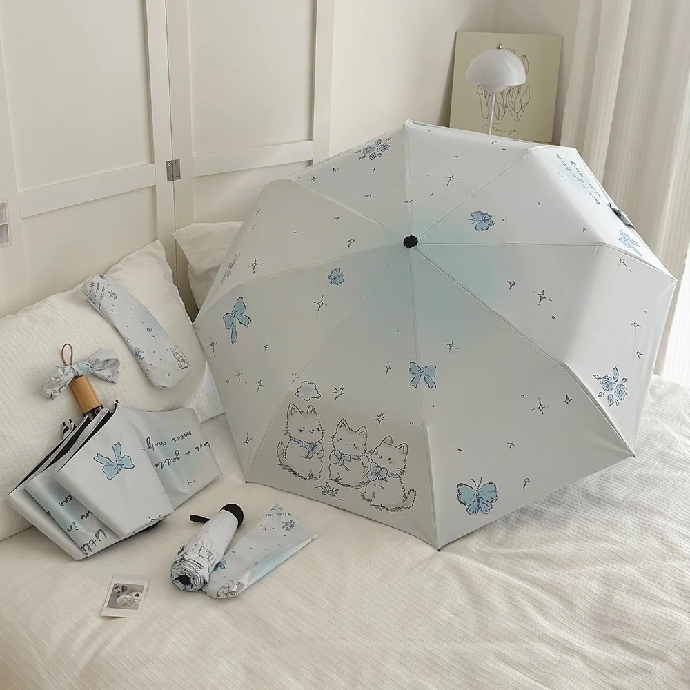 Cross Border Japanese Korean Automatic Sunshade Umbrella Women Fresh Floral Design Sun protection Dual Use Rain Sun Black Coated