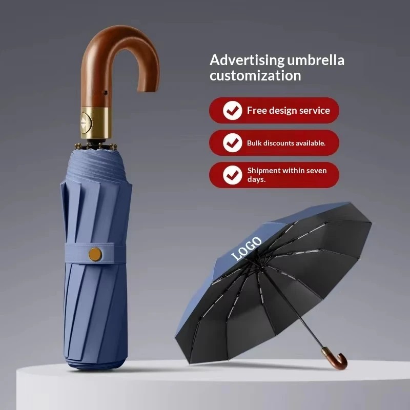 Customized Umbrella Logo Advertising Umbrella High-end Folding Business Gift Automatic Wooden Handle Curved Handle Printing