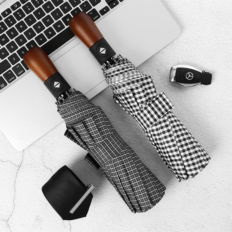 Ten Rib Windproof Rainproof Three Fold Fully Automatic Vintage Design Solid Wood Handle Folding Umbrella for Men's Business Use