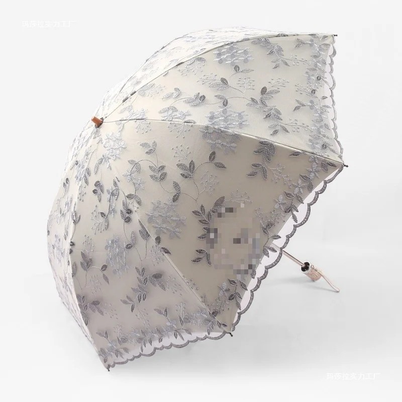 New Women's Lace Embroidery Princess Sun Umbrella Manual Steel Handle Rain & Sun Protection Black
