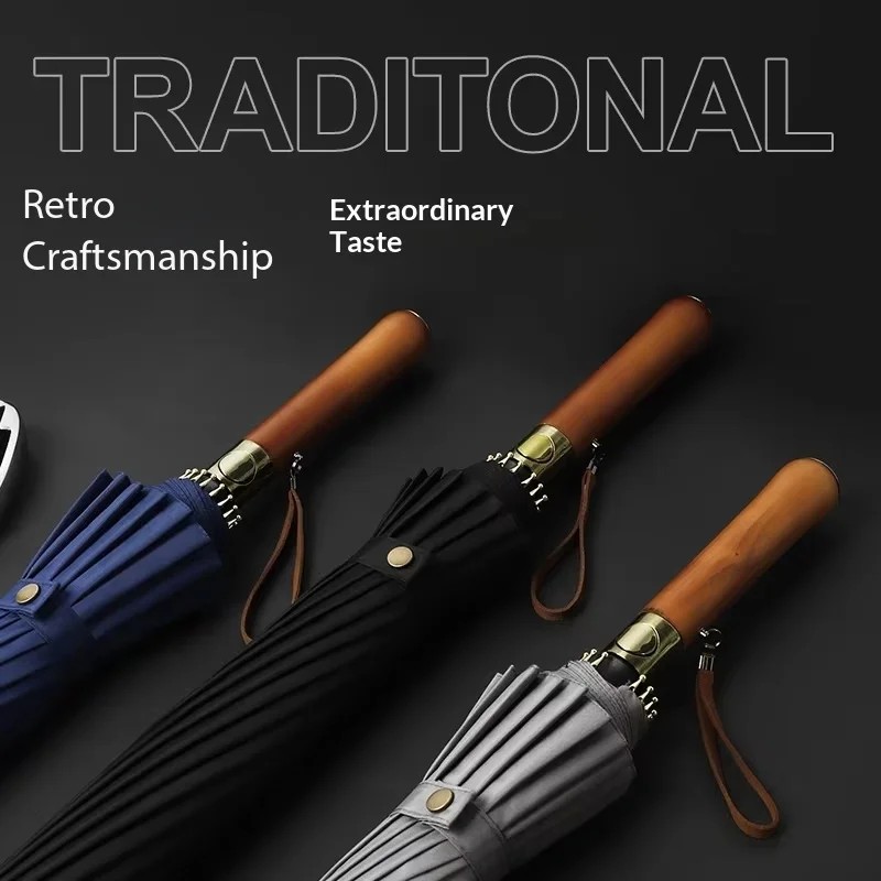 Retro 16-rib Solid Wood Fiber Automatic Umbrella Large Size Business Wholesale Custom Advertising Umbrella Straight Rod Long