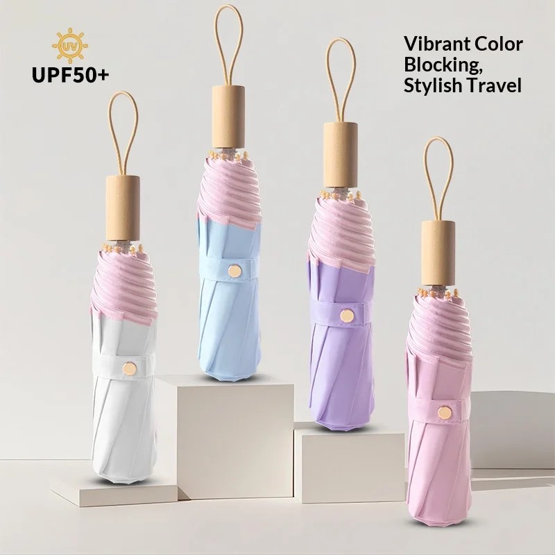 Solid Color Manual Three Fold Iron Ribs Folding Wooden Handle Sunshade Rain Dual Use UV Proof Umbrella