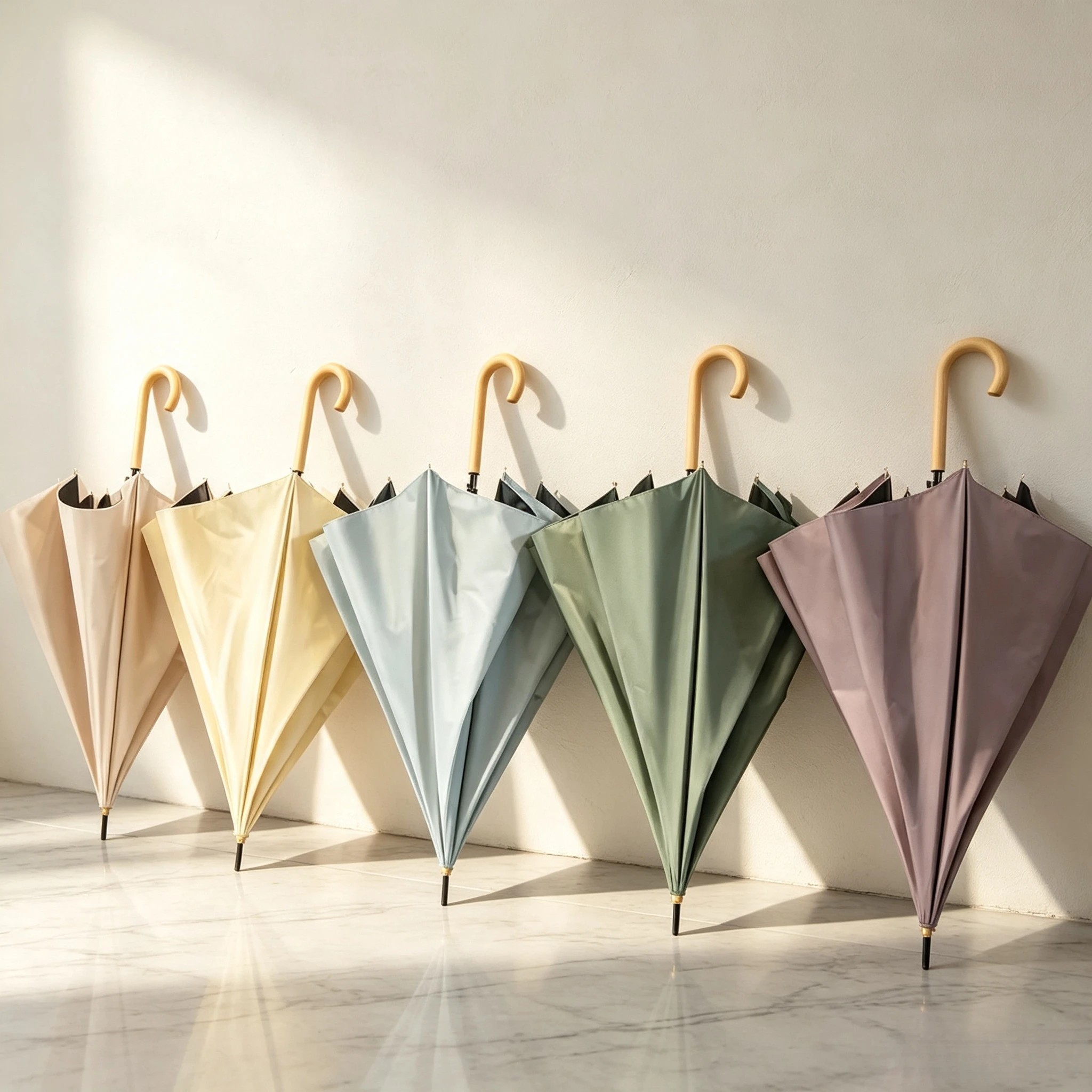 Solid Color Wood Handle Long Straight Umbrella UV Protection Vintage Design Fully-Automatic Opening for Business Gifts