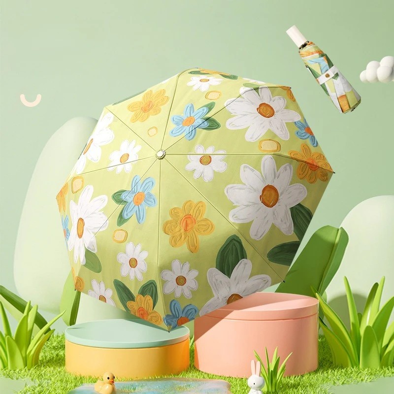 In Stock Double Sided Print Three Fold Umbrella Double Layer Black Vinyl Sun Protective Parasol Sunny and Rainy Days Wholesale