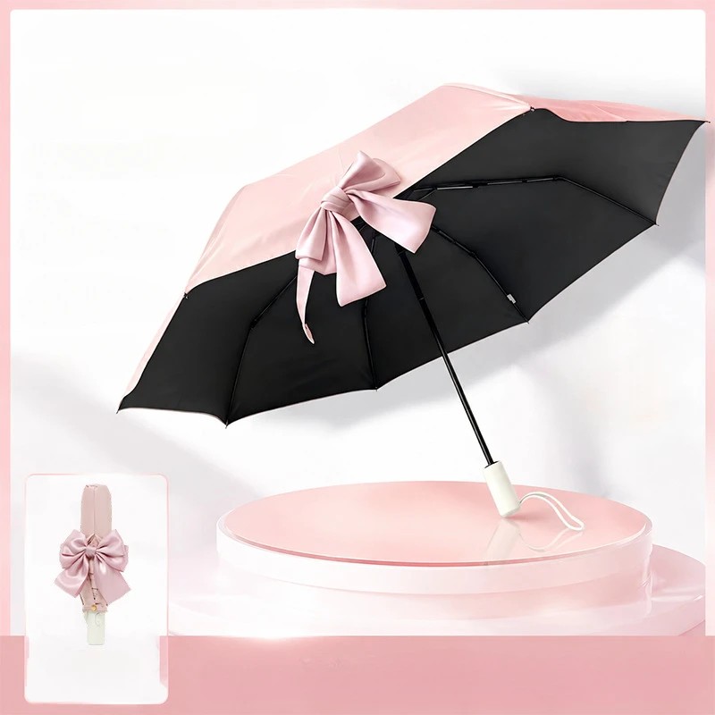 Korean Style Bow Umbrella Automatic Umbrella Three Fold Umbrella Black Coating Sun protection Folding Sunshade Umbrella