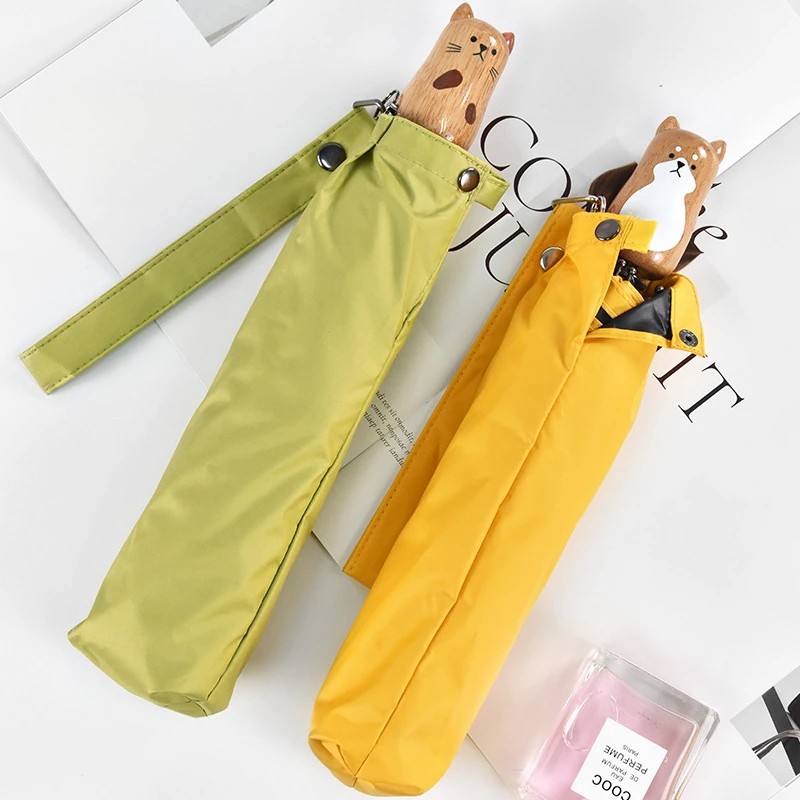 Cat and Shiba Inu Couple Umbrella Wooden Handle Folding Umbrella Solid Color Sunscreen and Sunshade Custom logo Gift Umbrella