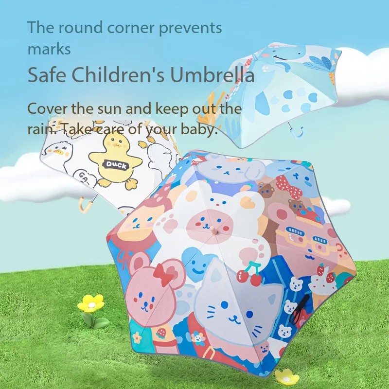 Childlike Fun Children's Rounded Cartoon UV Protection Rainproof Sunscreen Umbrella Manual Straight Handle for Boys Girls