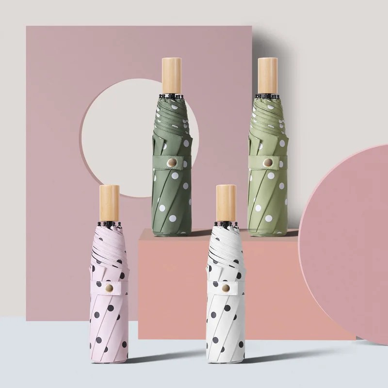 Three Fold Umbrella for Sunny and Rainy Days Black Coating Korean Style Women's  Personalized Creative Polka Dot in Stock