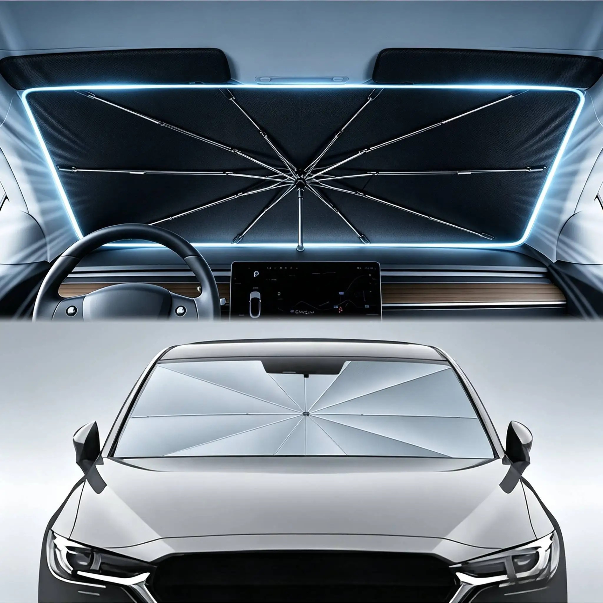 Modern Manual Sunshade (Folding Umbrella) for Front Windshield Protection Business Gift with Storage Design