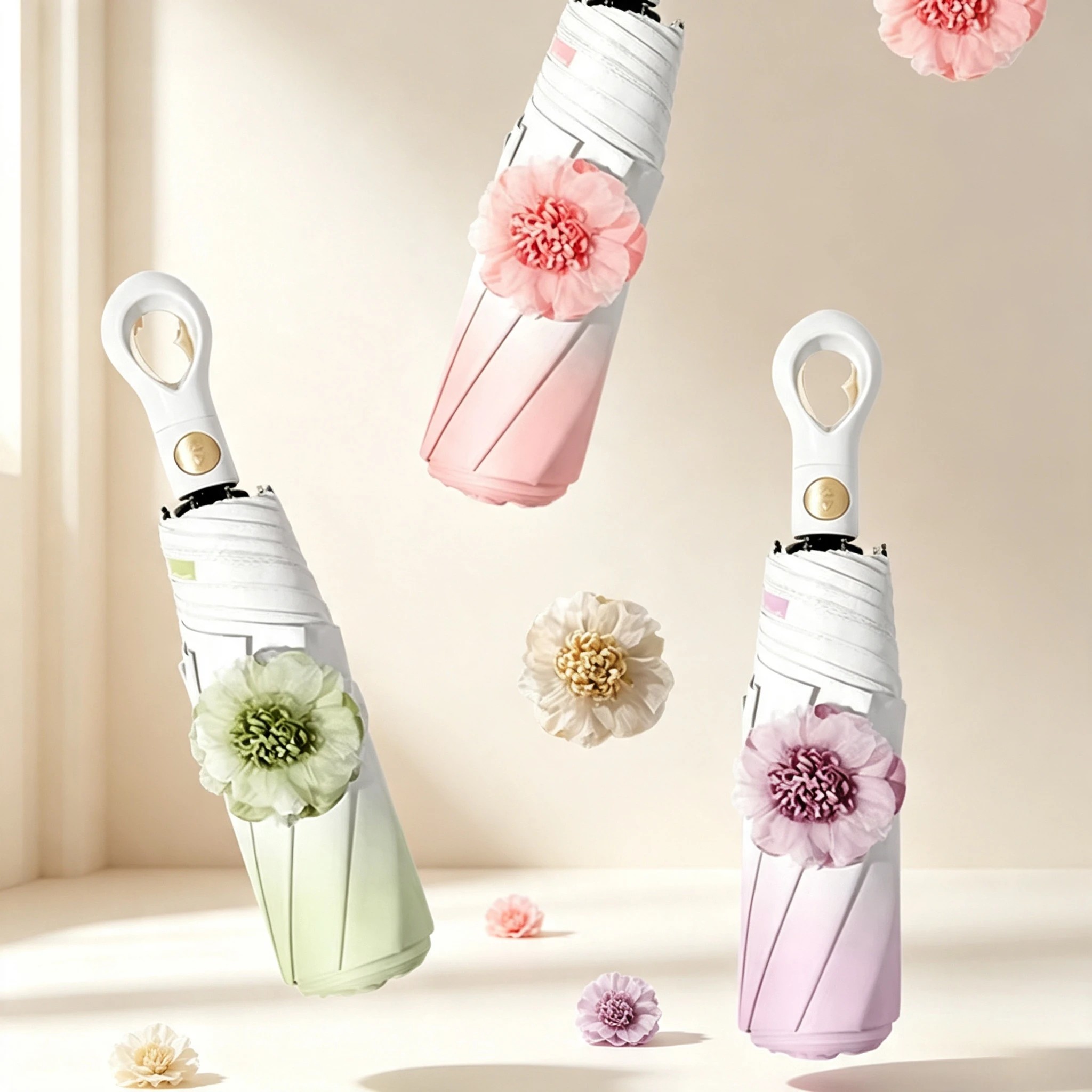 Three-Folding Gradual Flower Fully Automatic Control Sun Umbrella Sun protection UV protection Dual Use Black Plastic Umbrella