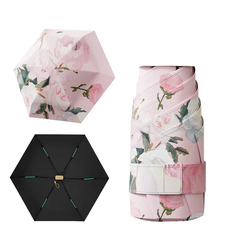Five-Folding Oil Painting Art New Portable Black Sunshade Umbrella Sunny Rainy UV Protection Capsule Manual Control