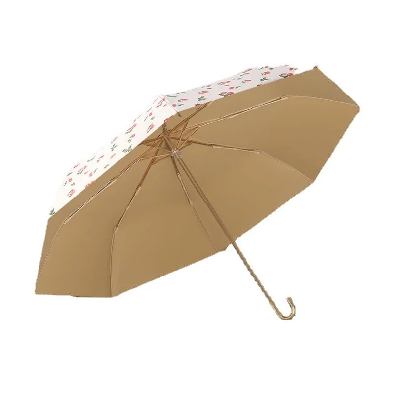 New Fresh Style Small Fresh Open Style 8rib Color Coated Curved Handle Gold Frame Umbrella Rainproof Sunscreen Portable