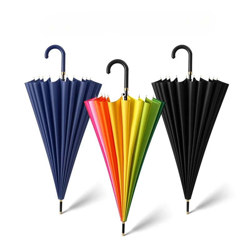 Large 24rib Long Handle Umbrella Leather Curved Hook Handle Bullet Shaped Straight Shaft Large Double Person Umbrella rainbow