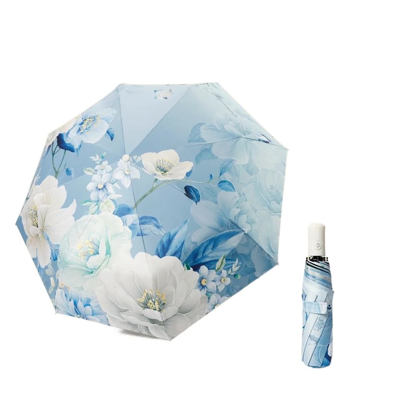Lotus Traditional Chinese-style Peony Oil Painting Fully-Automatic 190T Pongee Sun Protection All-Weather Umbrella 94cm Open