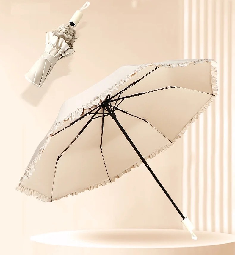 Thickened Color-coated Umbrella Women's Folding Pleated Wood Ear Lace Sunscreen UV protection Dual-use Sun and Rain Umbrella