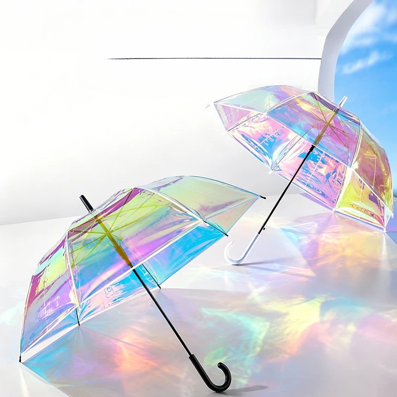 Colorful Laser Transparent High Aesthetic Influencer Photo Prop Umbrella Long Handle Color Changing Iridescent Wholesale