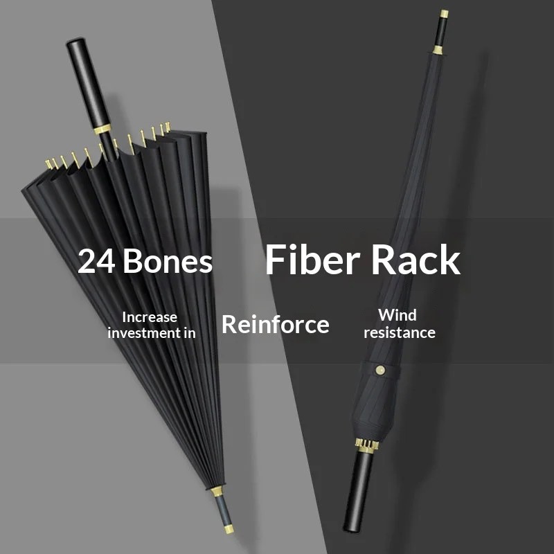 Long Handled Umbrella 24 Ribs Extra Large Size Business Gift Men Fiber Straight Shaft Black Specially Designed Wind Heavy Rain