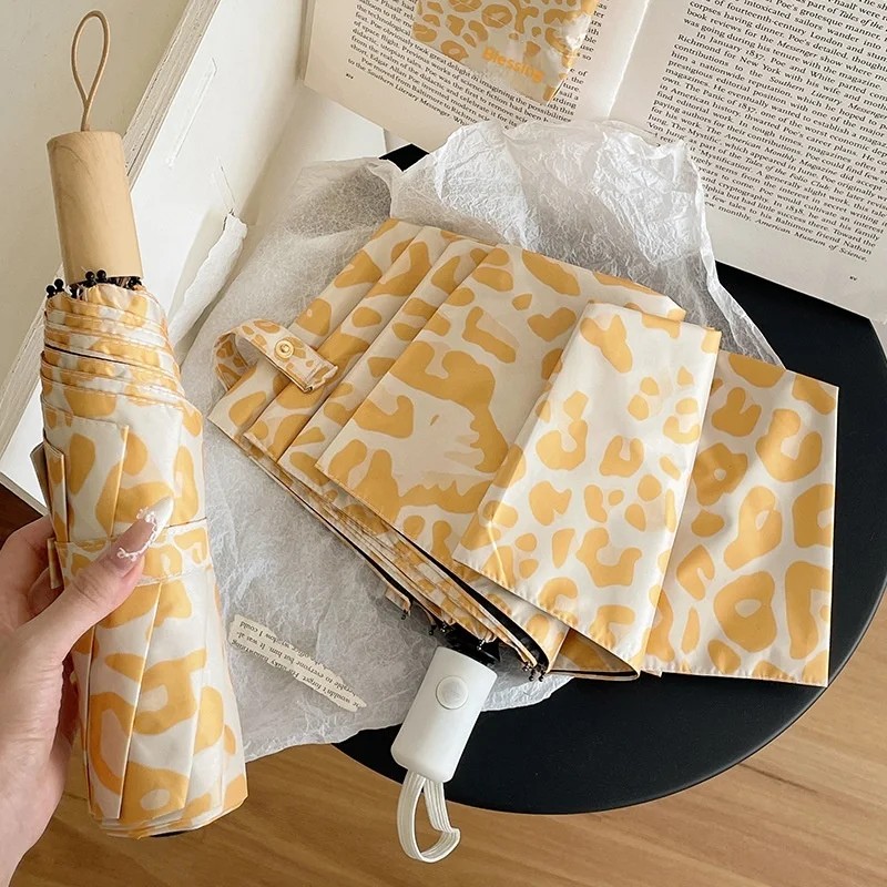 French Style Romantic Yellow Leopard Print Manual Sun Umbrella  Dual Use Sun Rain UV protection Popular Retro Style