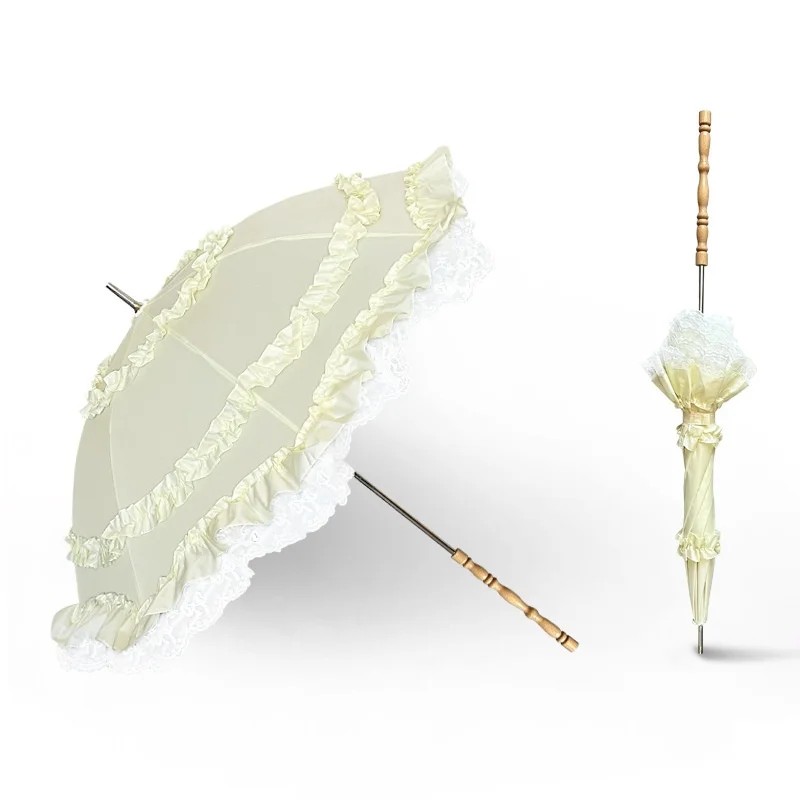 Lolita Princess Parasol Lace European Vintage Manual Wedding Bridal Straight Umbrella with UV Protection Iron Frame