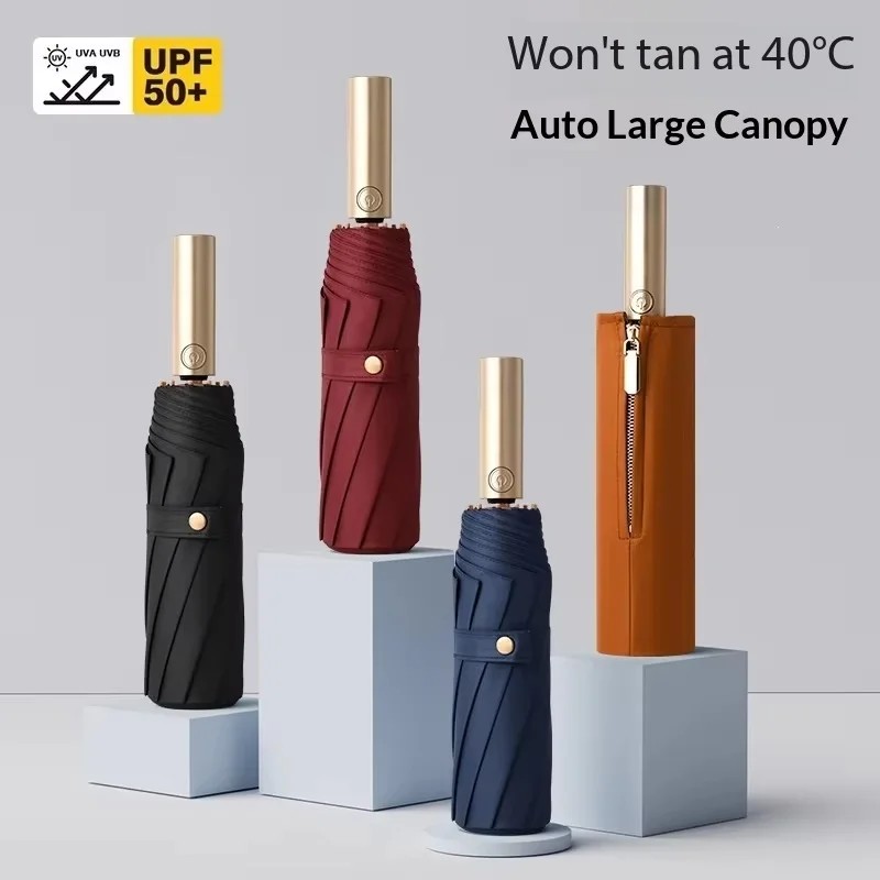 Fully Three-Folding Automatic Gold Handle Umbrella with 10 Ribs Business Folding Umbrella for Men UV Protection & Rainproof