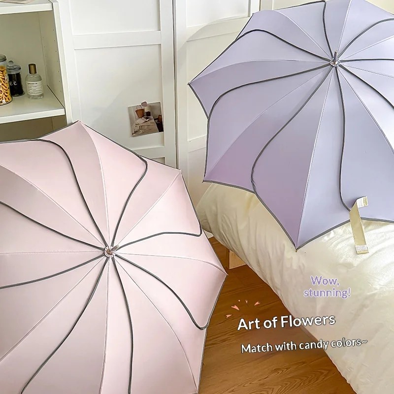 High-end Women's Long Handle Sunscreen Umbrella Printed Logo UV Protection Fiberglass Ribs Aluminum Handle Collision Cloth