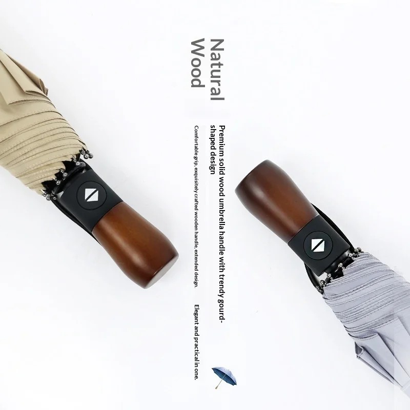 Factory Wooden Handle Business Sunshade Advertising Umbrella Logo 10rib Automatic Three Fold Umbrella Windproof Rainproof China
