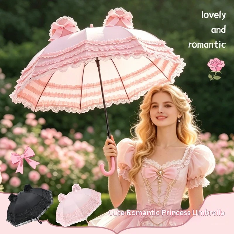 Japanese-style Ear-shaped Princess Umbrella Lace Long Handle Automatic Opening Wedding Outdoor Photography Prop Straight Stem