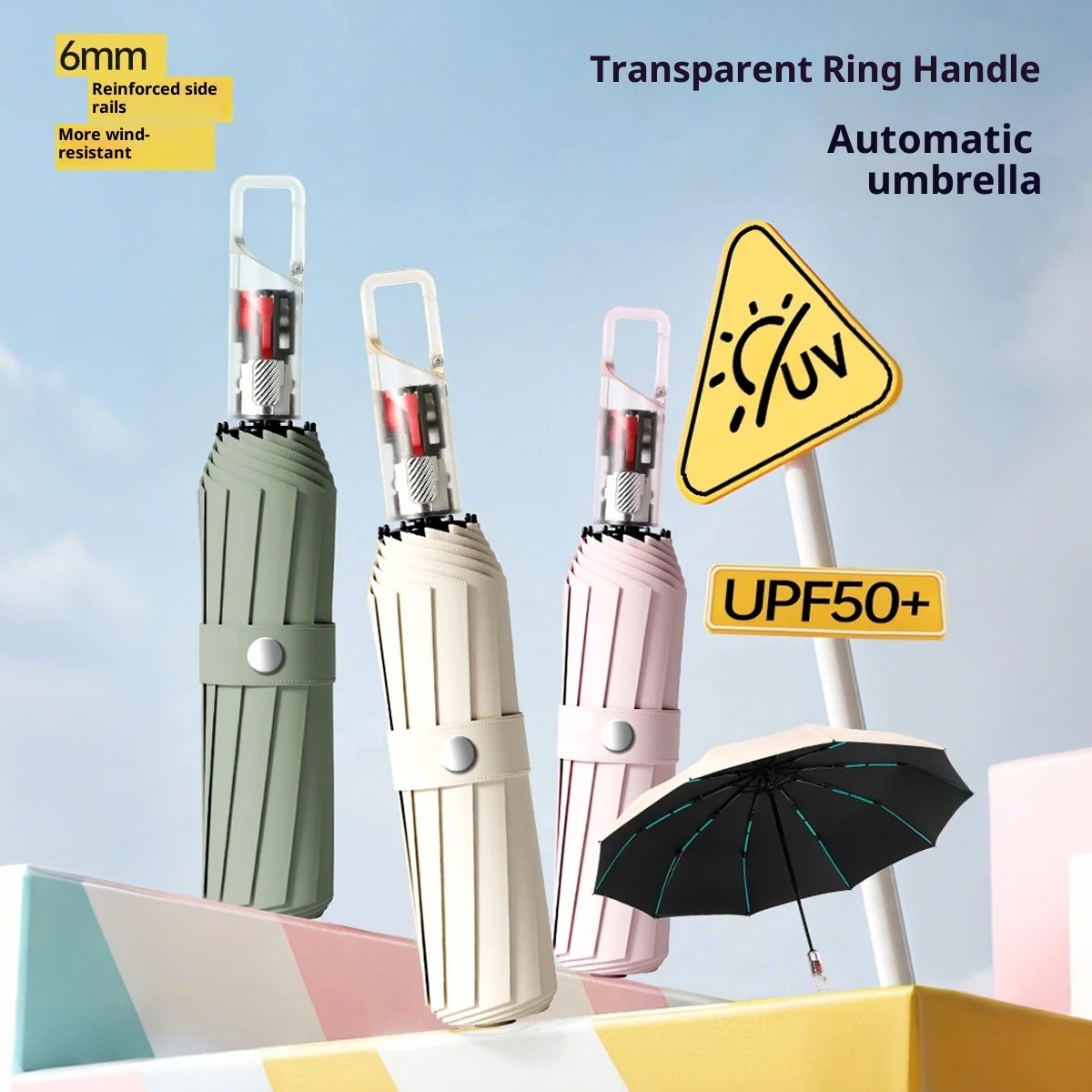 Luxury Automatic Umbrella Iron Frame Modern Design Frosted Transparent Handle Black-Coated Sun Protection for Sunny Rainy Days